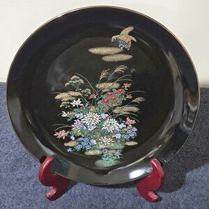 Vintage Japanese Collectible Lacquerware Plate – Hand Painted Gold Bird + Floral